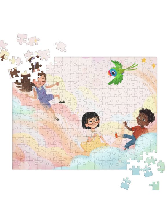 Colorful Children’s Jigsaw Puzzle – Illustrated Fantasy Scene with Kids and Parrot