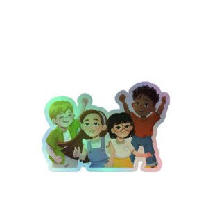 Holographic sticker featuring an illustrated group of four happy children raising their hands in excitement.